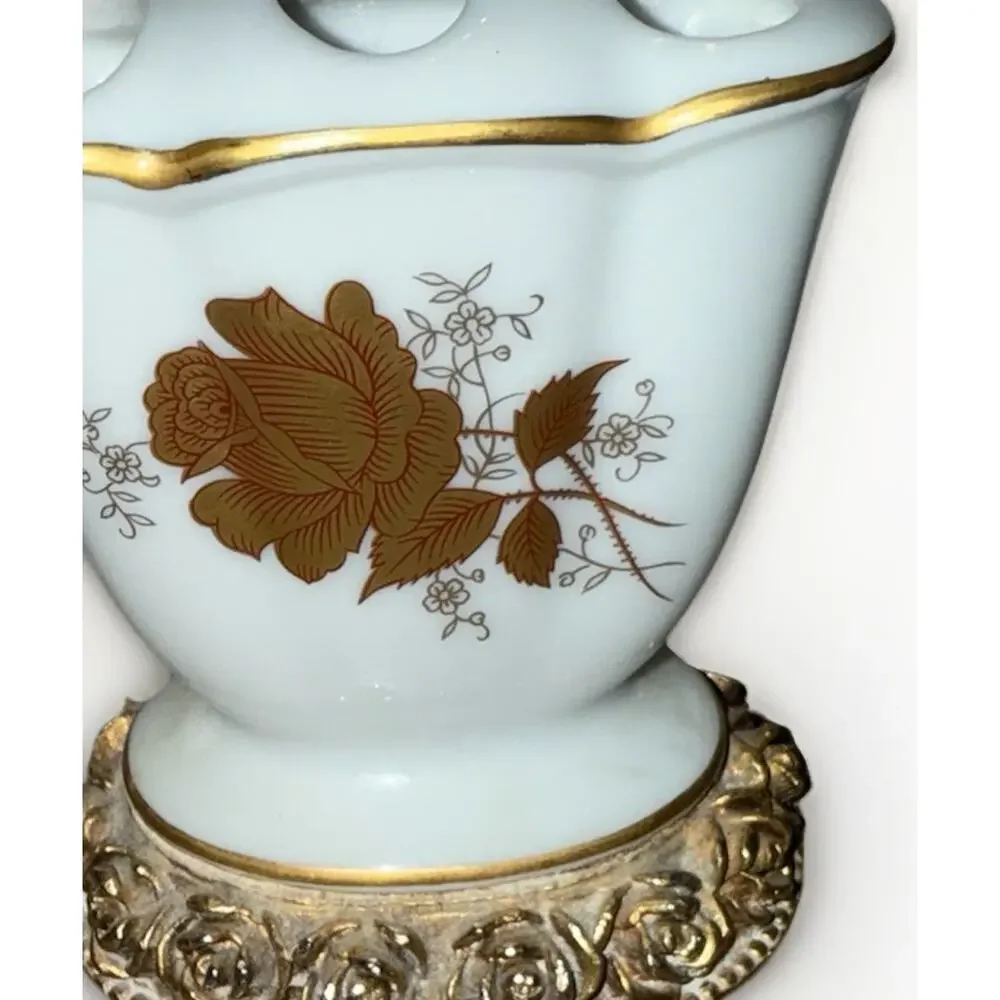 Vintage Heavy porcelain tooth brush holder White With Gold Roses Leaf 3.5 Inch